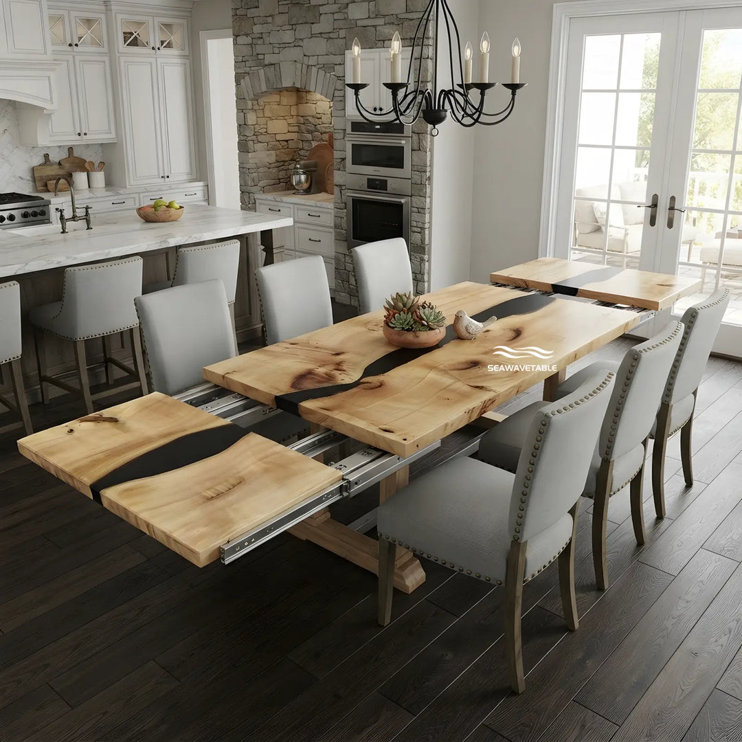 Seawavetable-handcrafted poplar wood epoxy extendable table modern black river resin art for family gatherings
