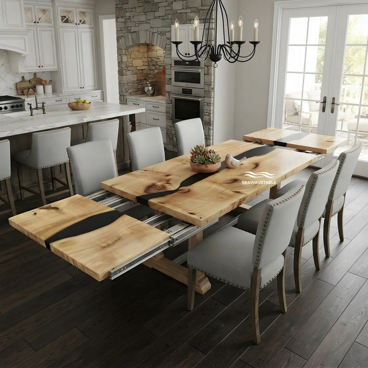 Seawavetable-handcrafted poplar wood epoxy extendable table modern black river resin art for family gatherings
