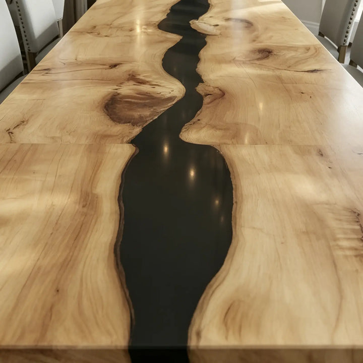 Seawavetable-contemporary home epoxy dining centerpiece black river poplar wood