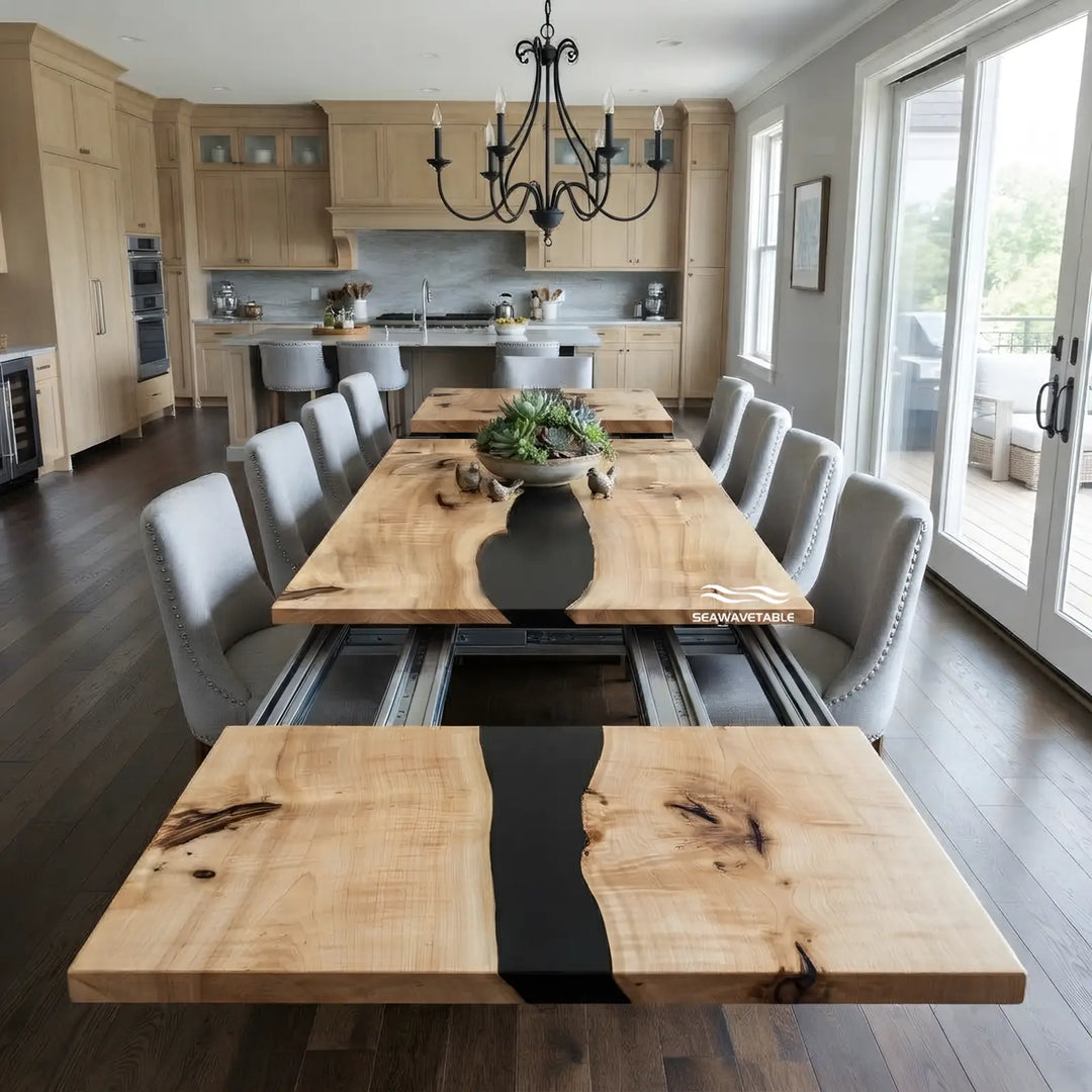 Seawavetable-solid poplar wood extendable dining table minimalist black river epoxy high gloss straight edge