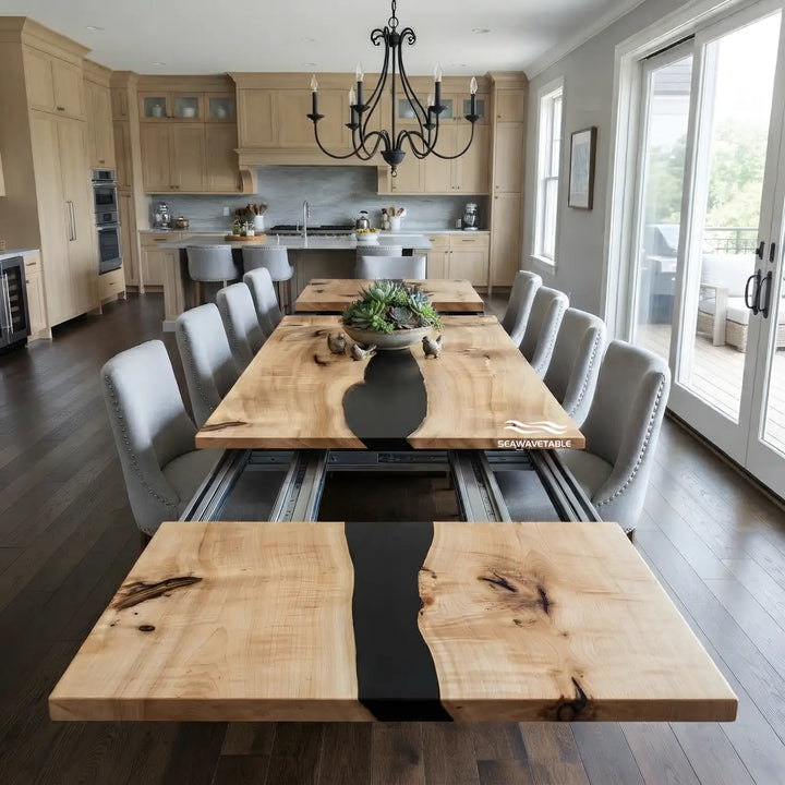 Seawavetable-solid poplar wood extendable dining table minimalist black river epoxy high gloss straight edge