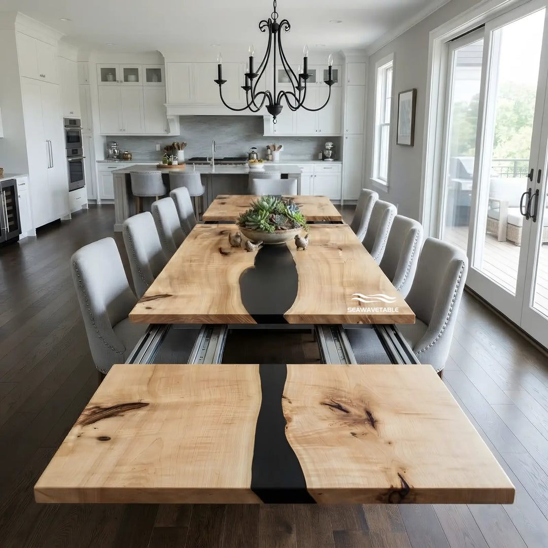 Seawavetable-high gloss straight edge poplar wood river epoxy extendable dining table