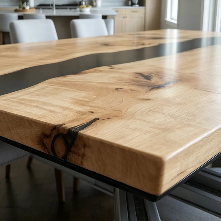Seawavetable-modern minimalist poplar wood extendable table with black resin river design
