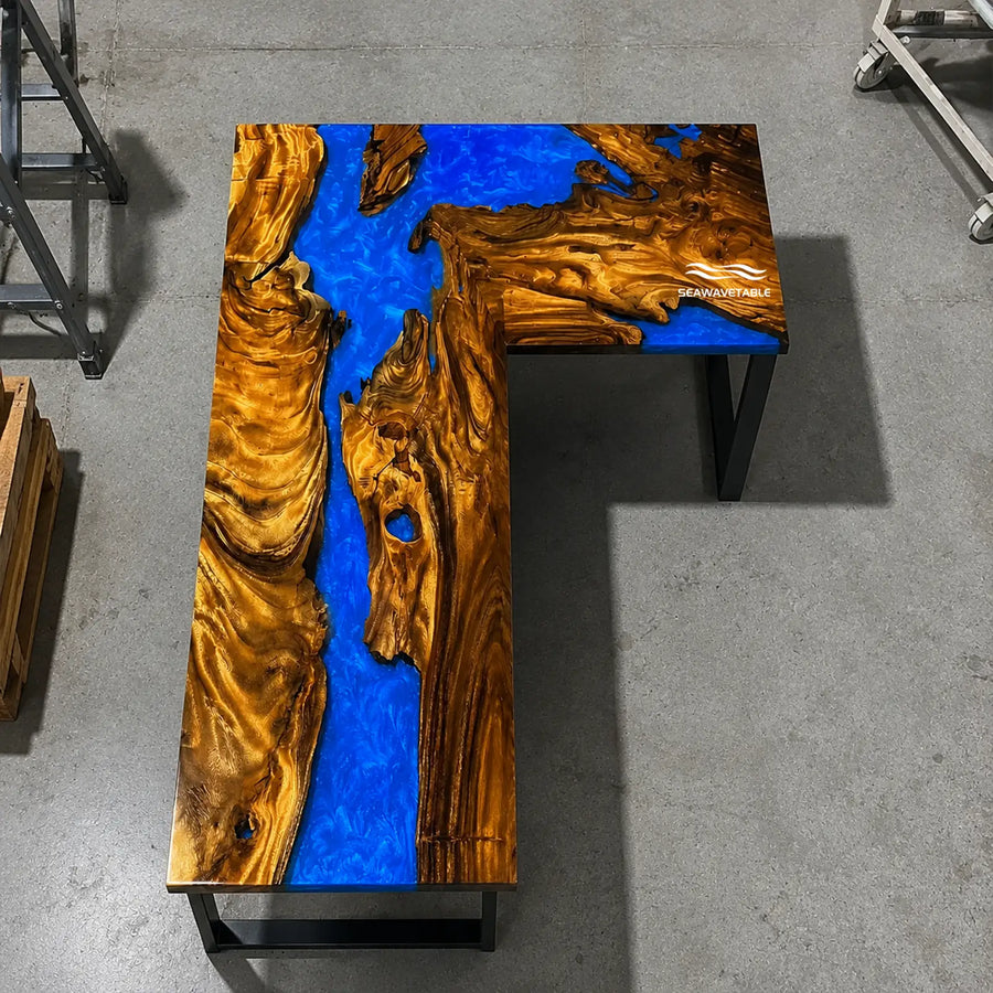 Seawavetable‑Handcrafted epoxy river table walnut wood L‑shaped corner executive desk for home office