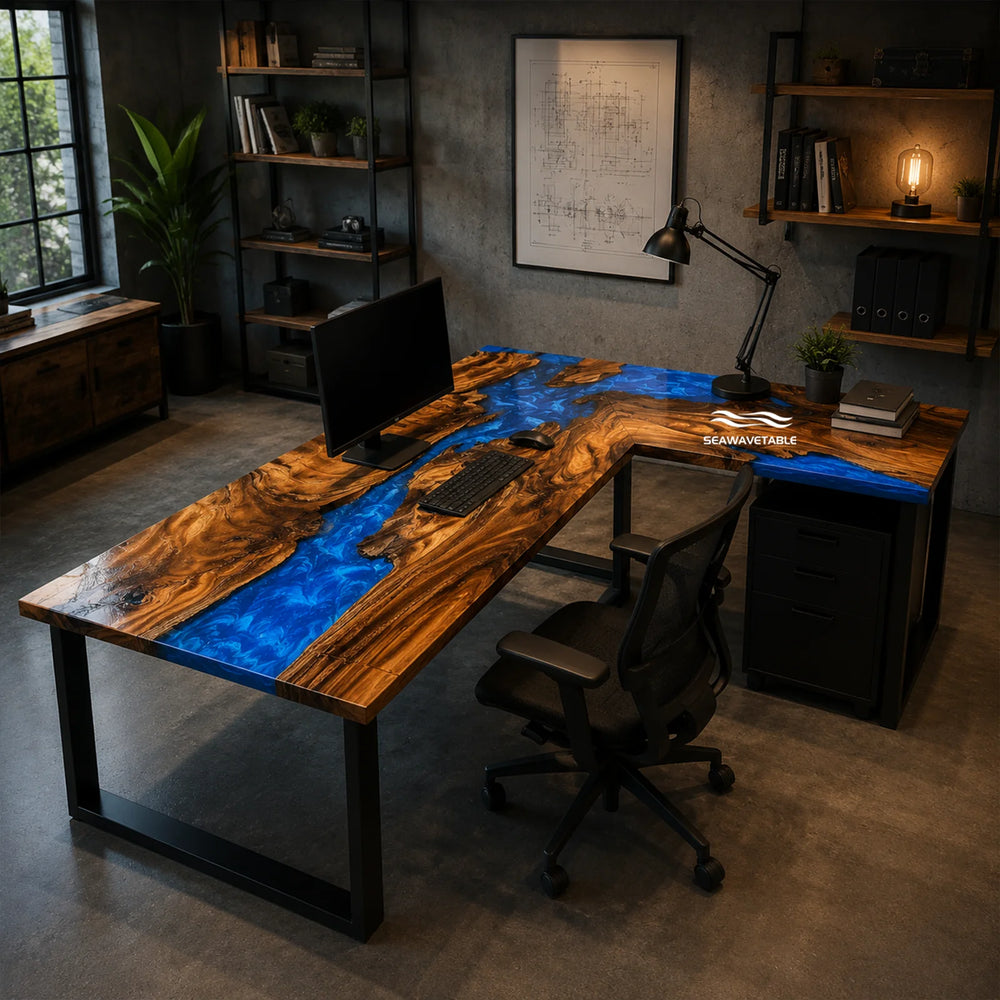 Seawavetable‑Luxury L‑shaped epoxy office table walnut burl with marbled sapphire blue resin high‑gloss finish