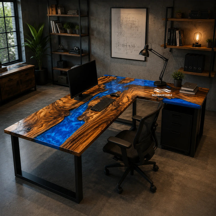 Seawavetable‑Luxury L‑shaped epoxy office table walnut burl with marbled sapphire blue resin high‑gloss finish
