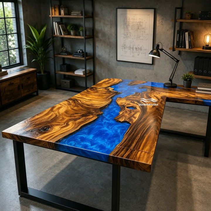 Seawavetable‑Premium walnut epoxy table ergonomic dual‑surface corner workstation with bright blue resin