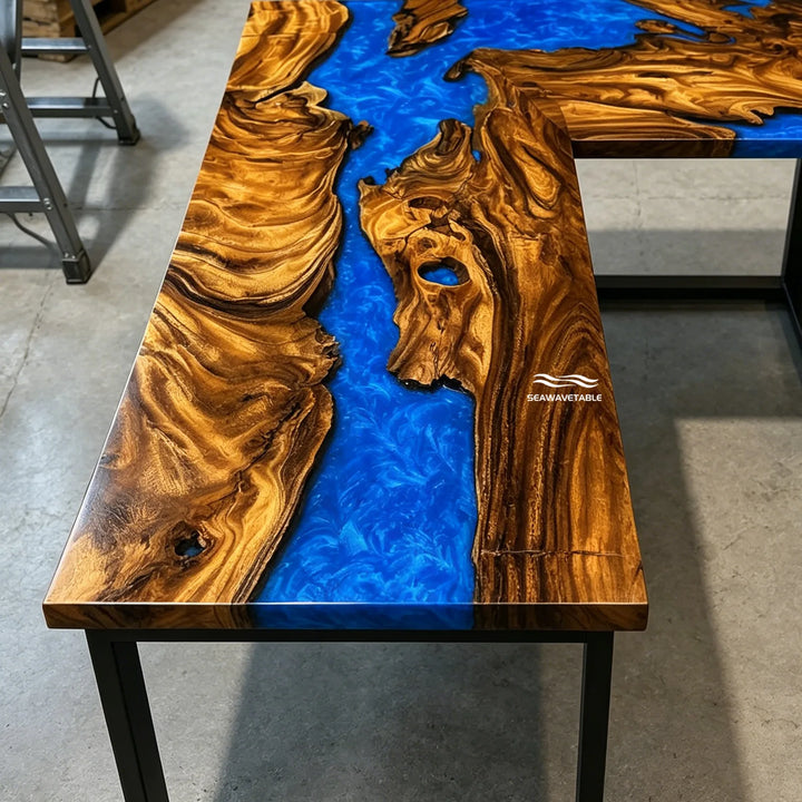 Seawavetable‑Upscale L‑shaped epoxy table heavy‑duty walnut wood blue marbled resin corner desk