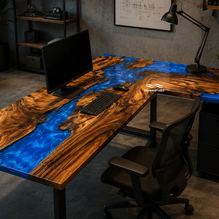 Seawavetable‑Modern statement epoxy table straight edge walnut burl L‑shaped blue resin office desk