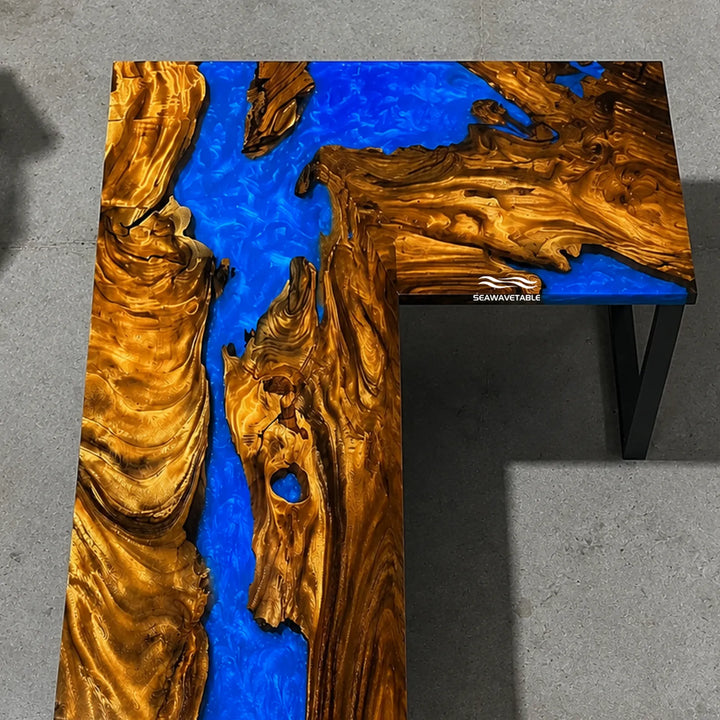 Seawavetable‑Functional art custom epoxy table walnut wood L‑shaped executive corner work desk