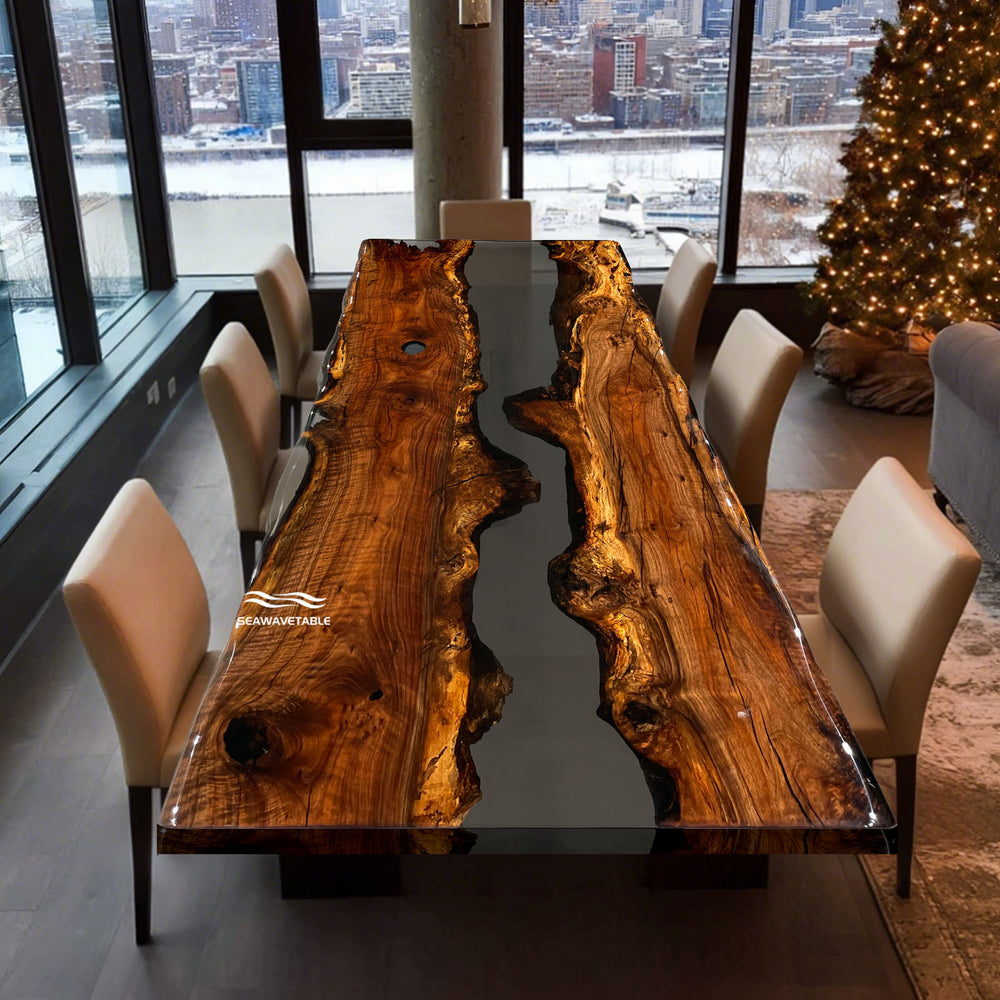 Premium black walnut epoxy river dining table with live edge design