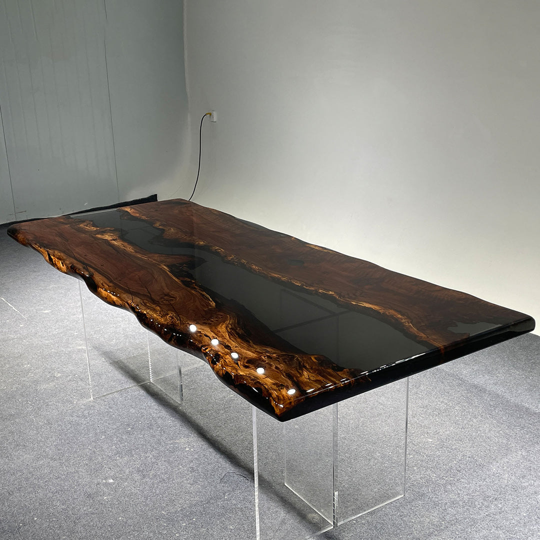Elegant live edge epoxy dining table with city skyline backdrop