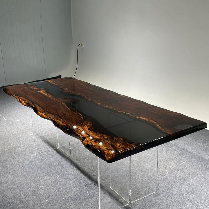 Elegant live edge epoxy dining table with city skyline backdrop