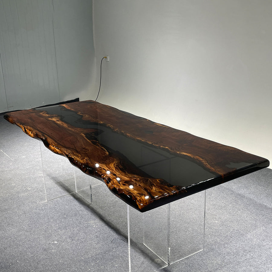 Elegant live edge epoxy dining table with city skyline backdrop