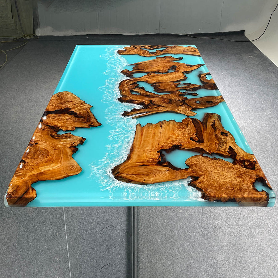 Seawavetable-Handcrafted blue epoxy resin table with ocean wave details