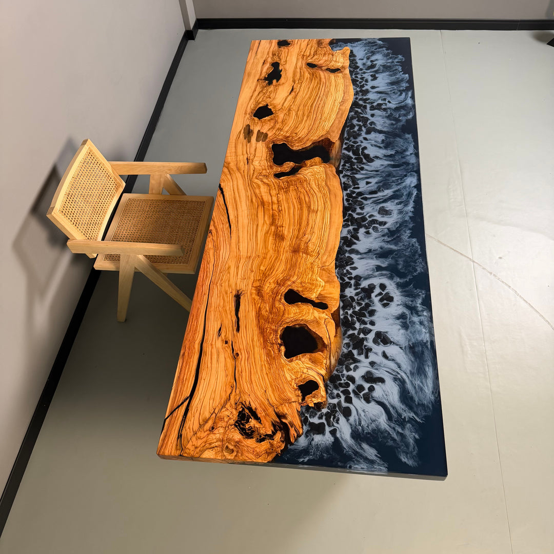 Seawavetable-Olive wood resin table with ocean wave design and natural stone inlay