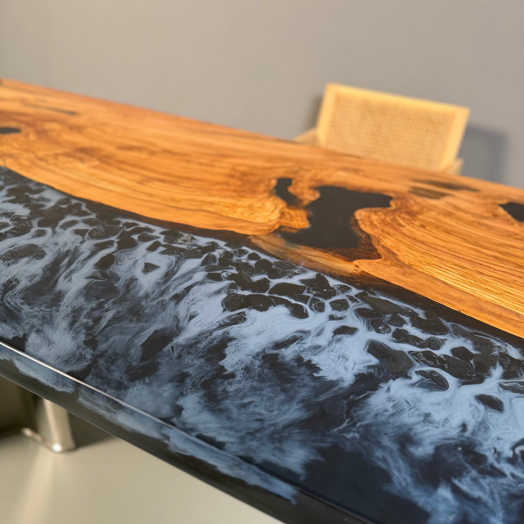 Seawavetable-Modern olive wood epoxy table with beach-inspired resin wave design