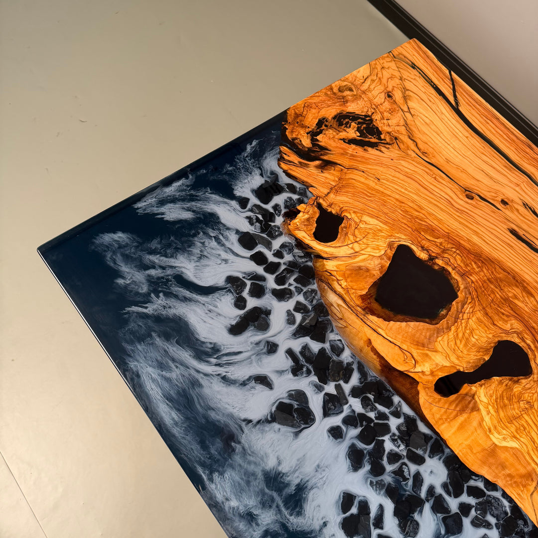 Seawavetable-Handcrafted olive wood epoxy table with realistic sea wave effect
