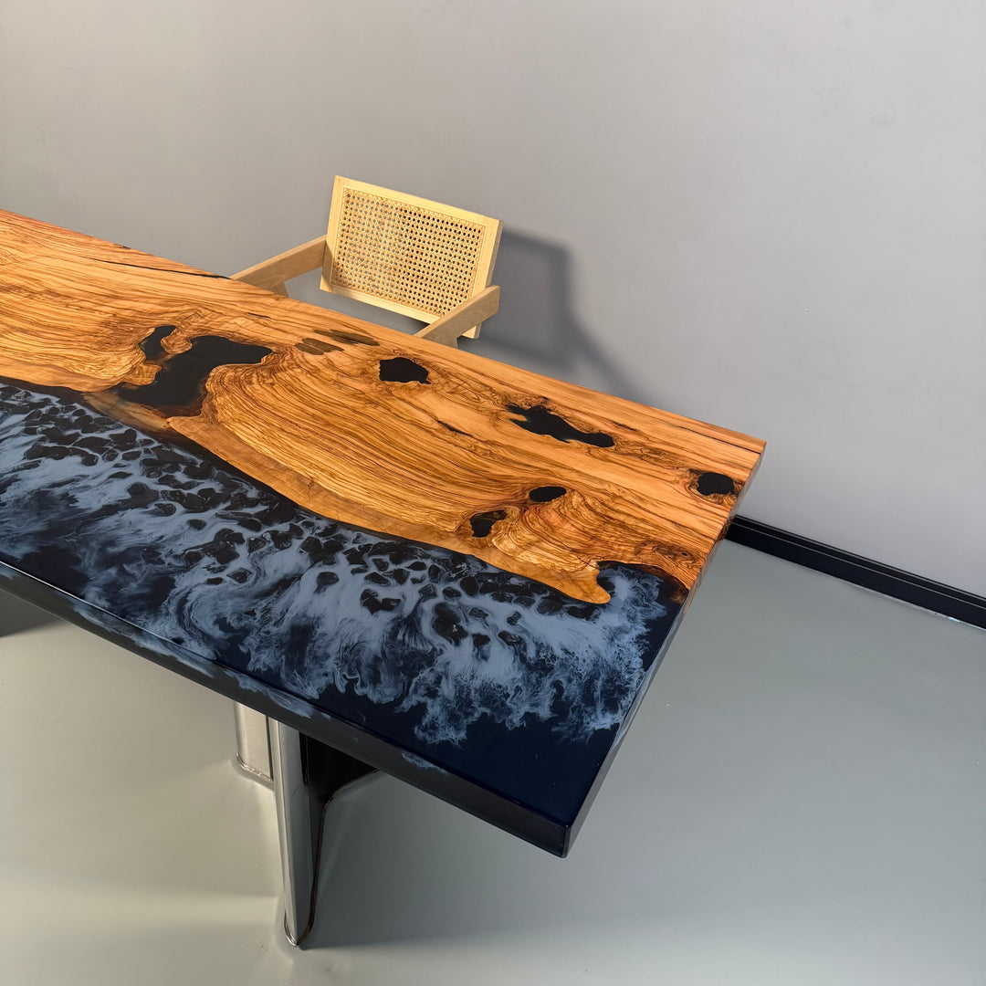 Seawavetable-Olive wood and resin table showcasing ocean blue waves and natural stones