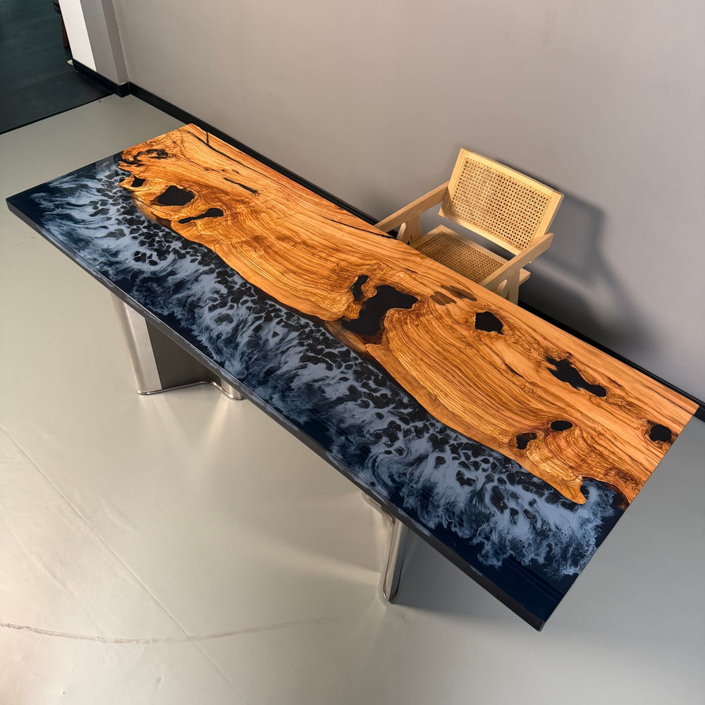 Seawavetable-Rectangular olive wood epoxy table featuring blue ocean waves and stones