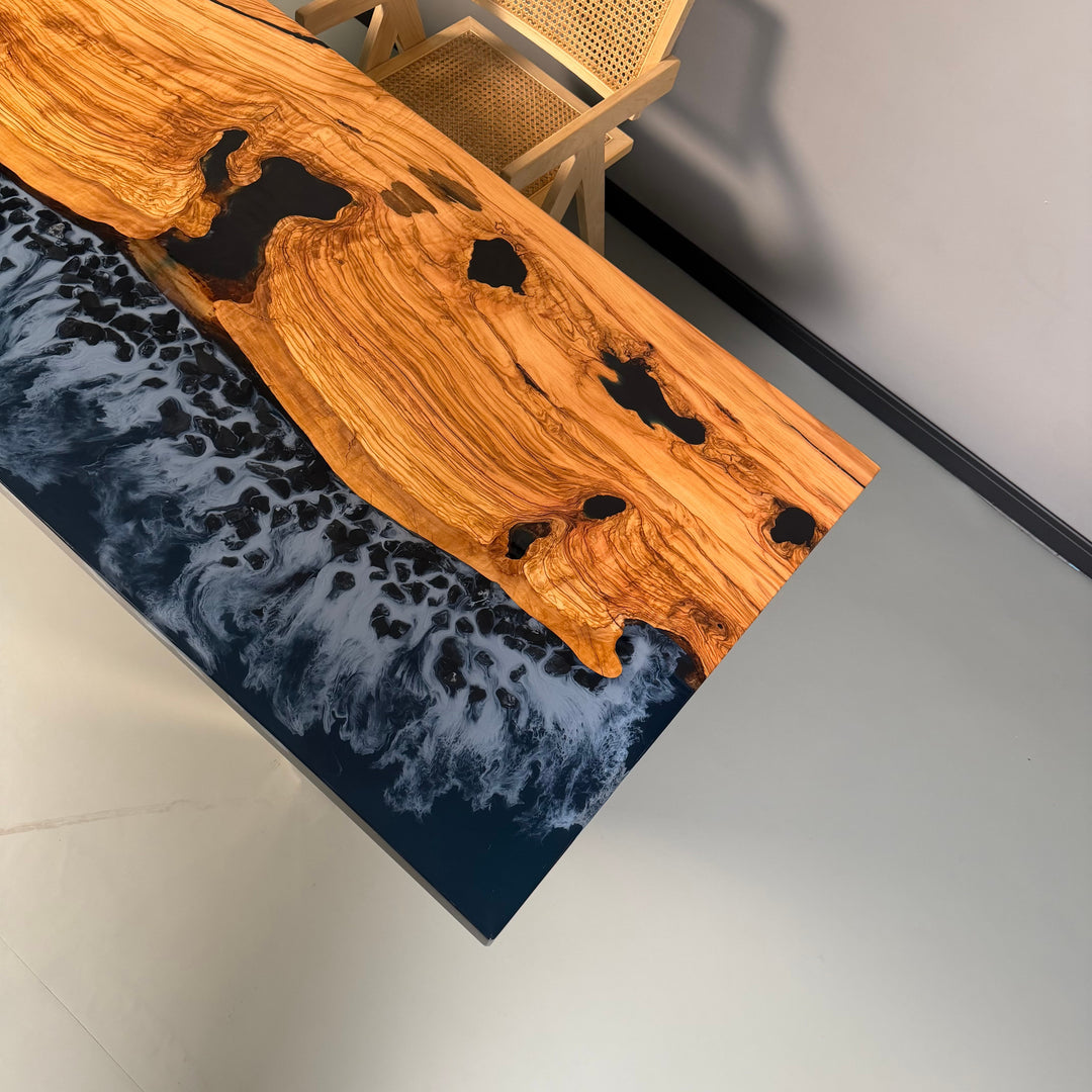 Seawavetable-Artistic ocean resin table made with premium olive wood and stone inlays