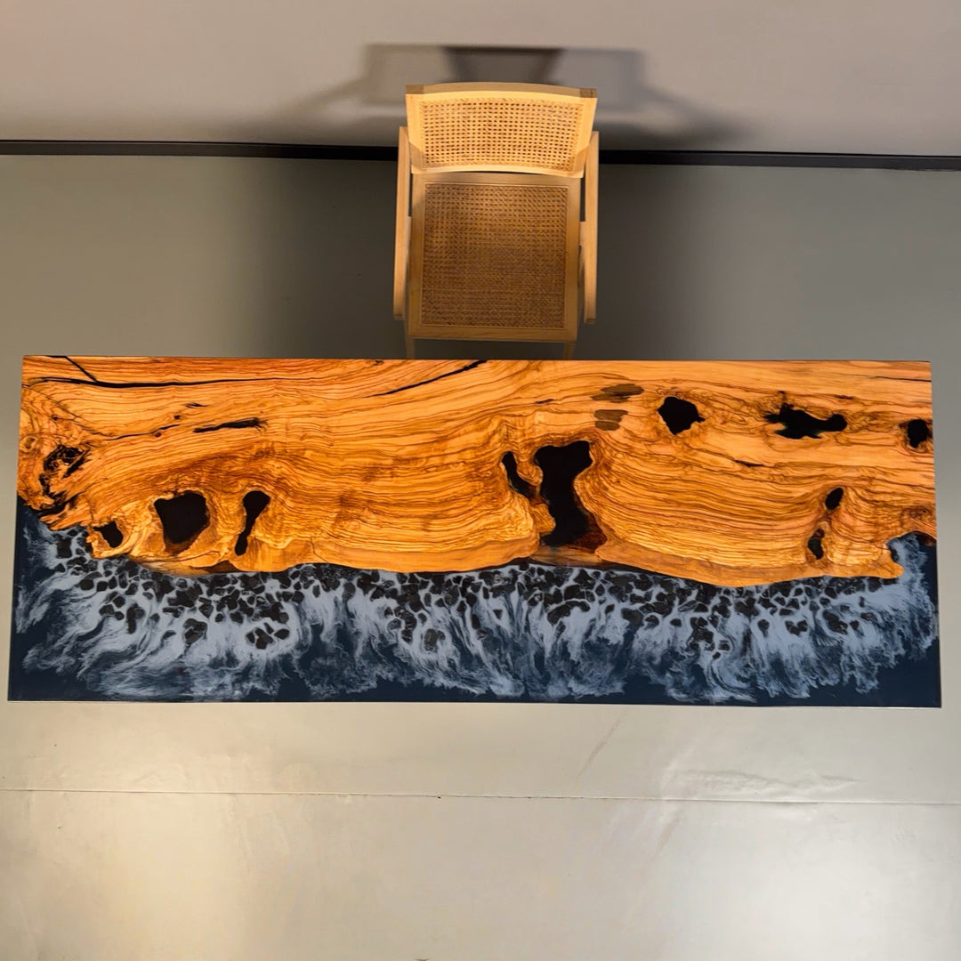 Seawavetable-Olive wood live edge table infused with sea-inspired resin and stone details