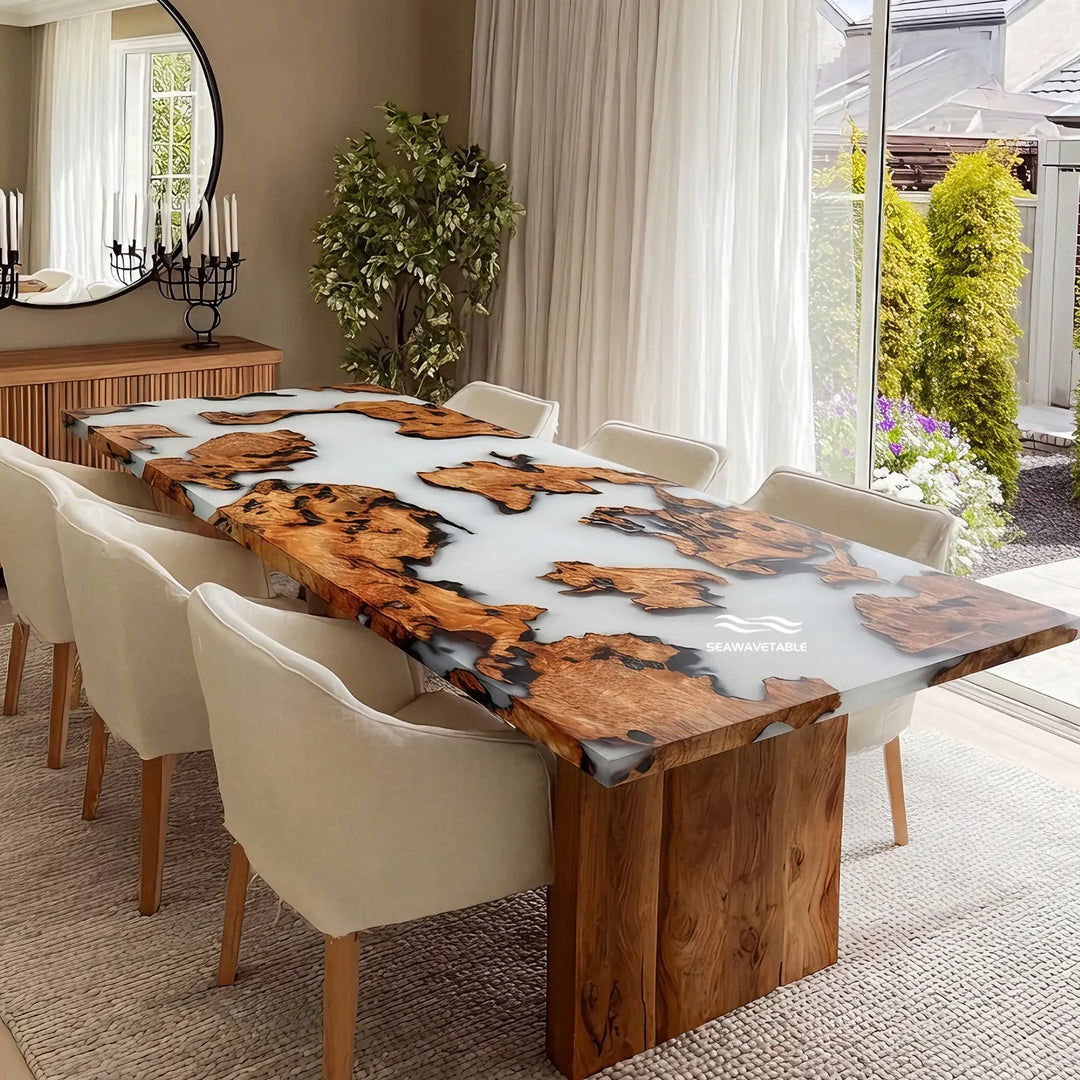 Seawavetable-Premium full gloss epoxy table cunninghamia wood Lunar Silk pearlescent resin all-around precision bevel cut ready to ship