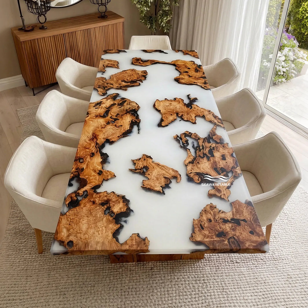 Seawavetable-42×84 inch beveled edge cunninghamia Lunar Silk epoxy dining table full high gloss finish in stock