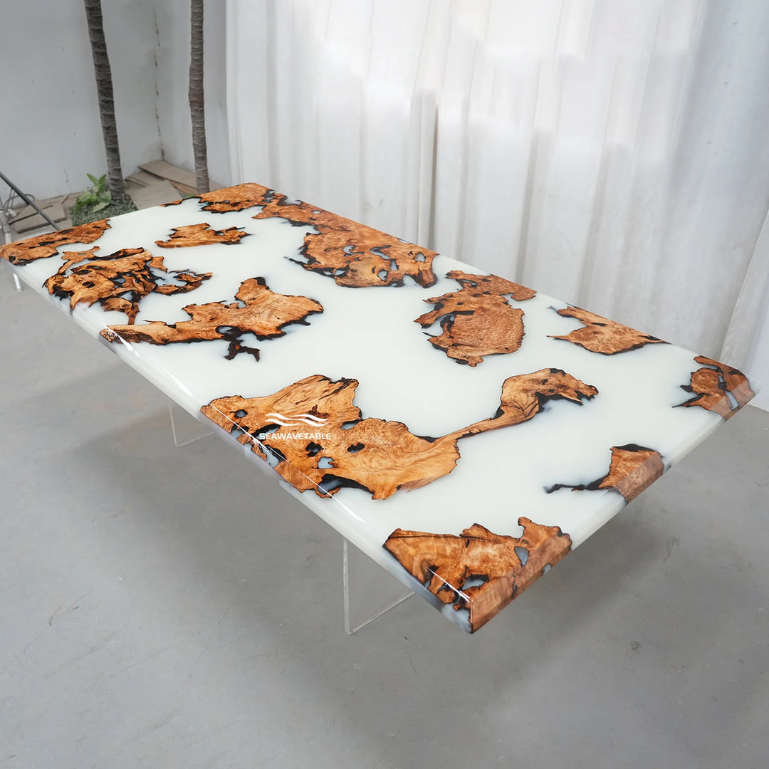 Seawavetable-Bevel edge solid cunninghamia statement epoxy table 42x84 inch scattered burl Lunar Silk resin design