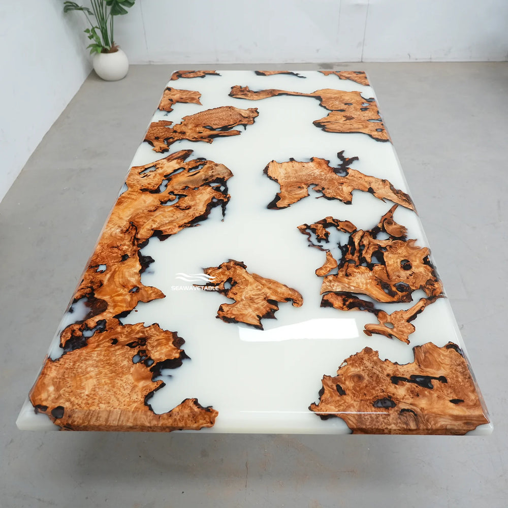 Seawavetable-In stock 42"W×84"L cunninghamia burl epoxy river table full perimeter bevel edge glossy Lunar Silk resin dining furniture