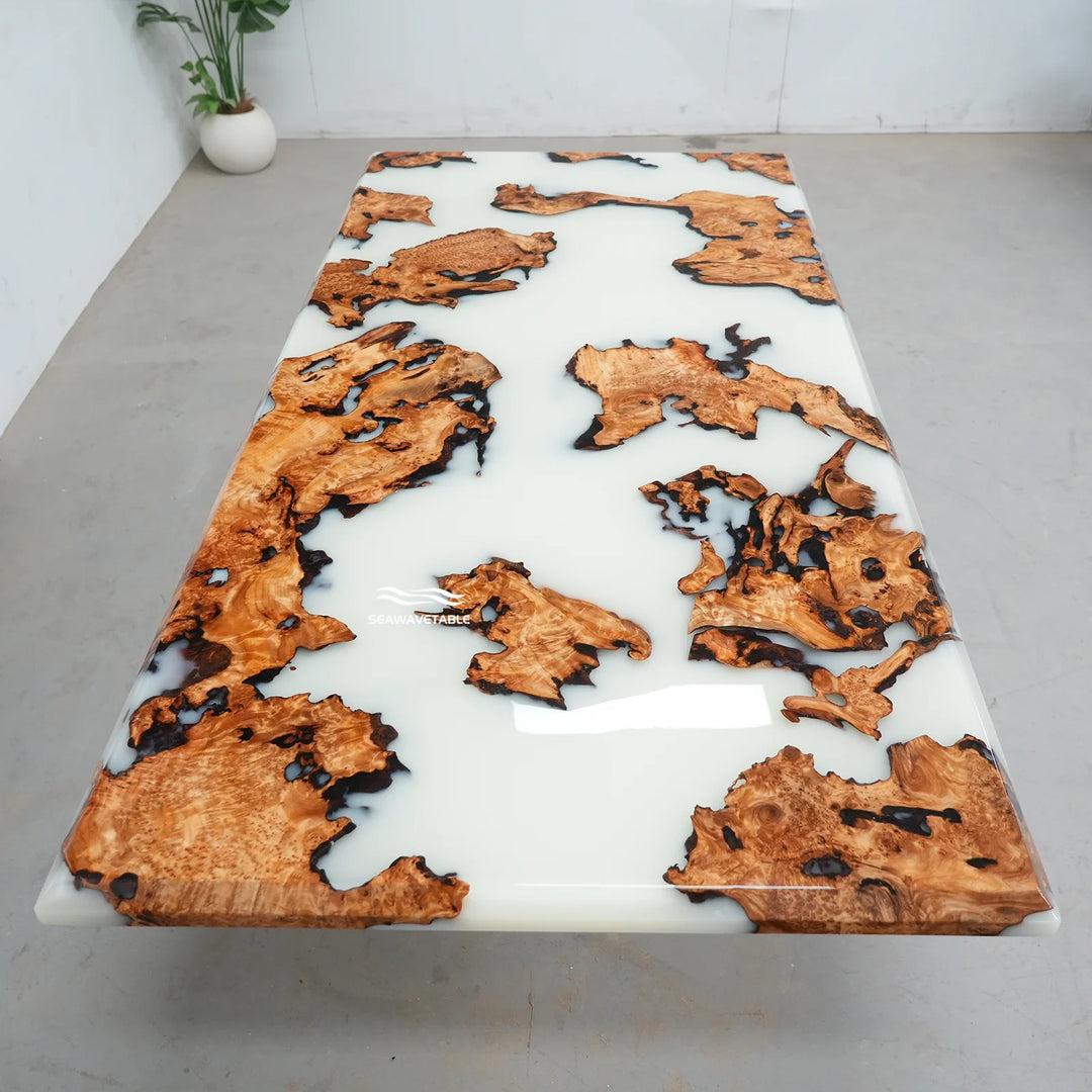 Seawavetable-In stock 42"W×84"L cunninghamia burl epoxy river table full perimeter bevel edge glossy Lunar Silk resin dining furniture