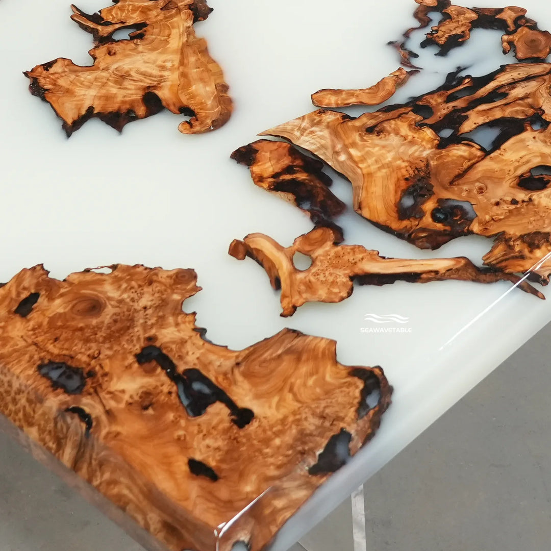Seawavetable-Upscale rectangular epoxy dining table 42x84 cunninghamia wood beveled edge pearlescent Lunar Silk glossy resin
