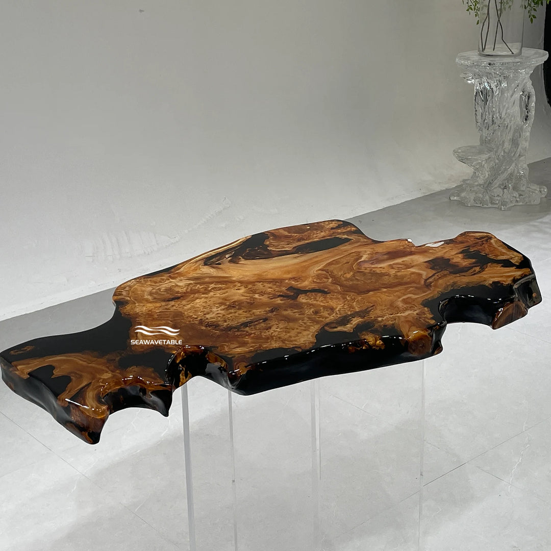A resin coffee table display featuring cunninghamia wood with a dark resin river, showcased in a bright studio setting for interior design presentation - SeawaveTable