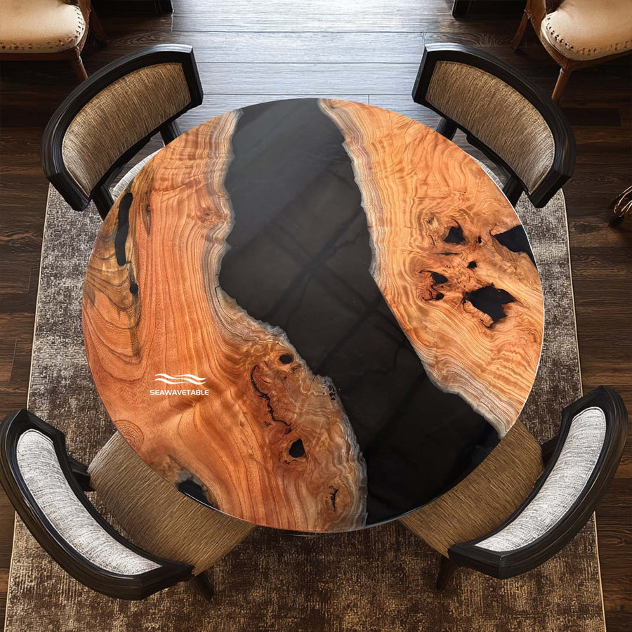 Seawavetable-Black Transparent Resin Round Dining Table with Solid Beech