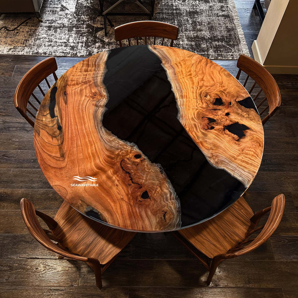 Seawavetable-Handcrafted High-Gloss Beech Wood Round Table with Black Epoxy