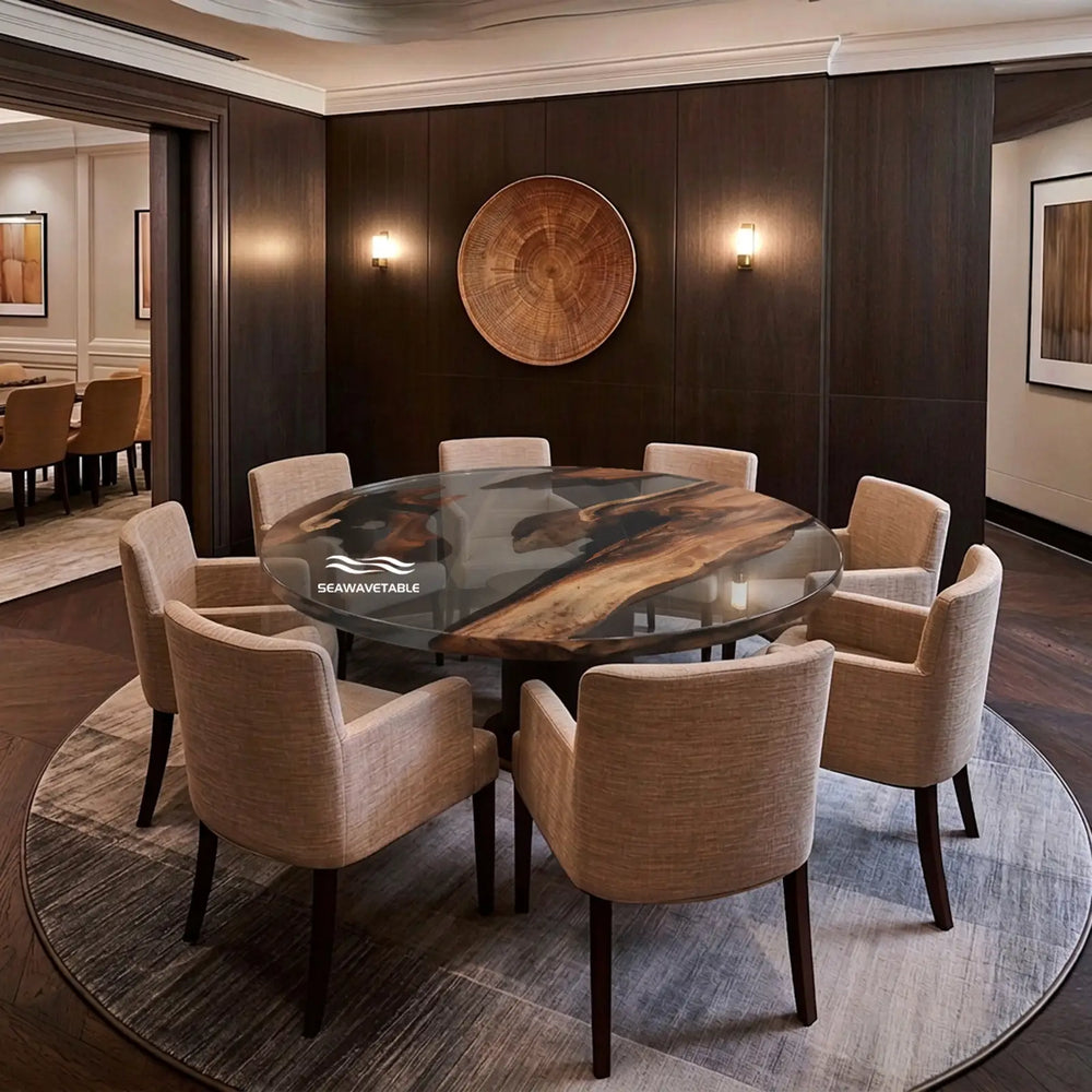 Seawavetable - Handcrafted round walnut river table with semi-transparent black resin