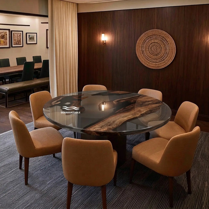 Seawavetable - Round walnut semi-transparent black epoxy river dining table, straight edge high gloss
