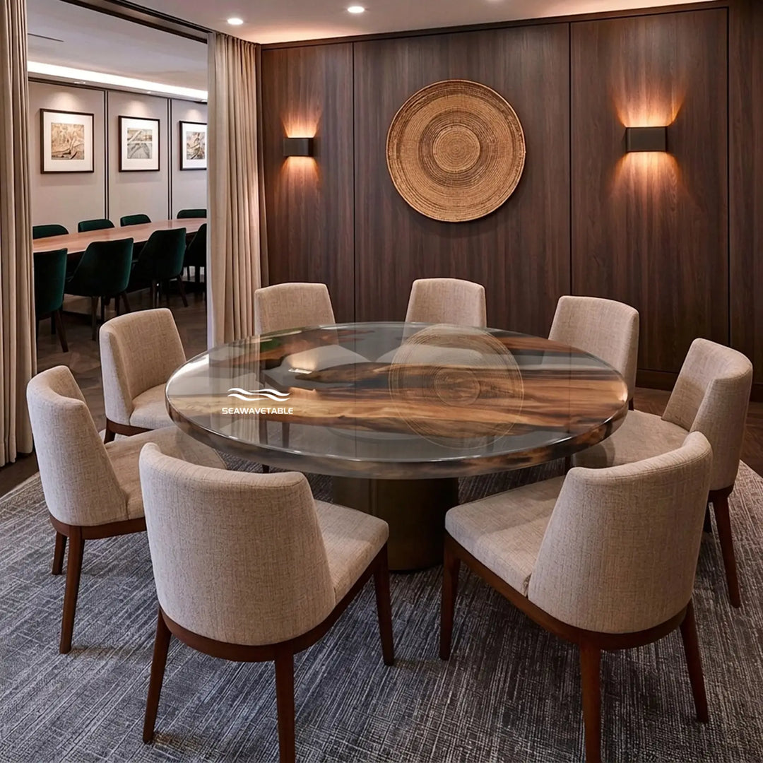 Seawavetable - High gloss round epoxy dining table, natural walnut grain