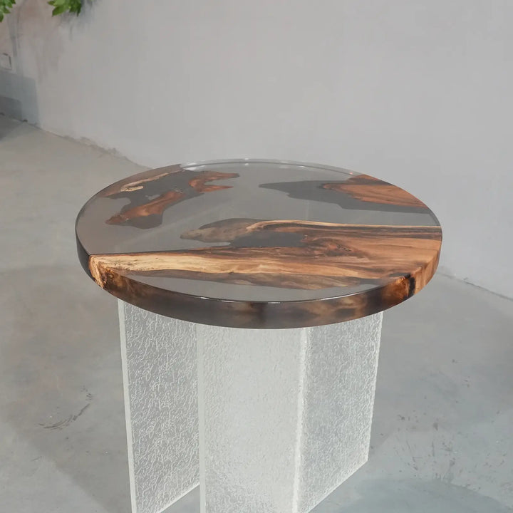 Seawavetable - Straight edge round walnut slab table with flowing black resin river