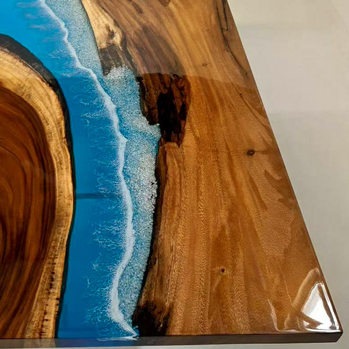 Seawavetable-glossy walnut wood and blue resin dining table for living room