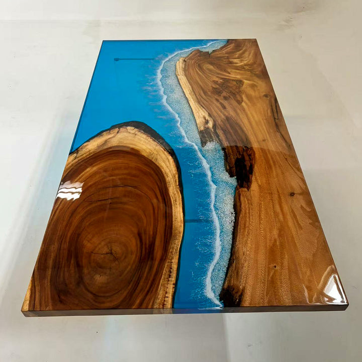 Seawavetable-close-up of walnut wood grain and blue epoxy resin detail