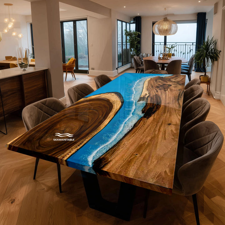 Seawavetable-modern straight-edge walnut dining table with resin inlay