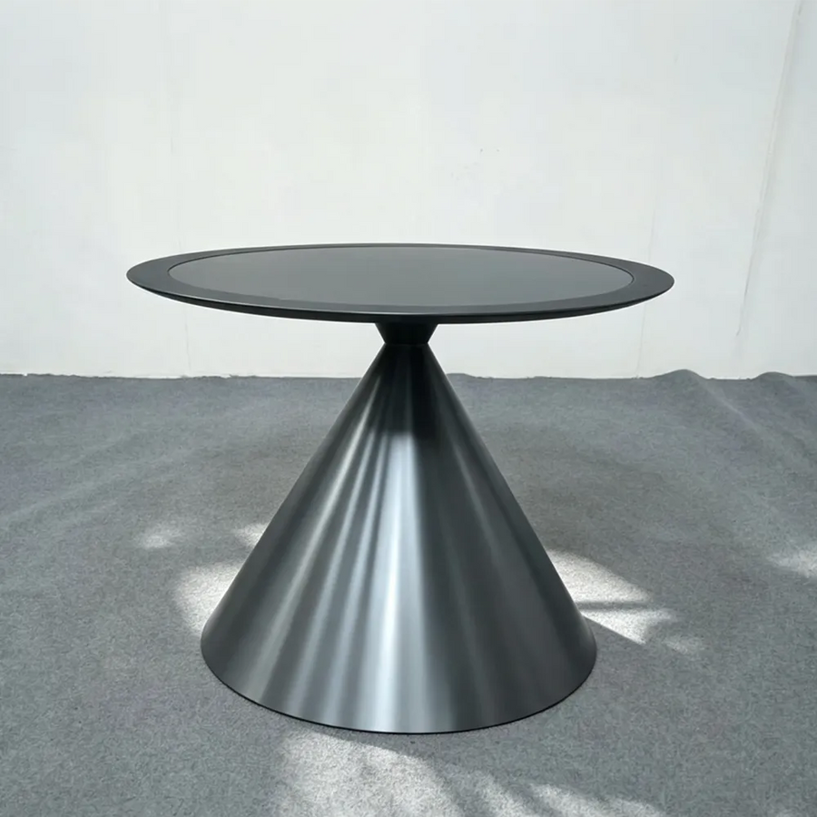 Sculptural cone pedestal metal table base with sleek black finish and wide circular support, 28 inches high