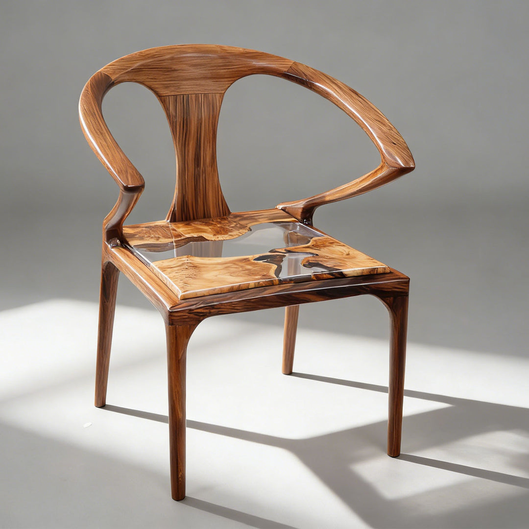 Sculpted solid wood accent chair with curved backrest and resin seat detail