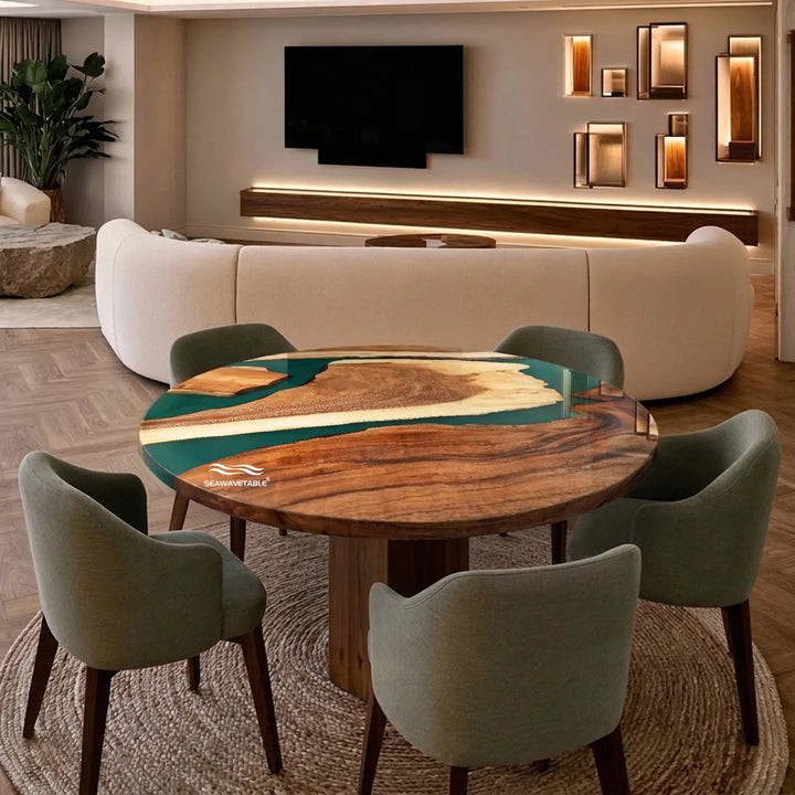 Seawavetable- round walnut emerald green epoxy river coffee table full high gloss