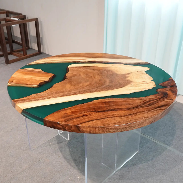 Seawavetable- high gloss round walnut green resin statement coffee table