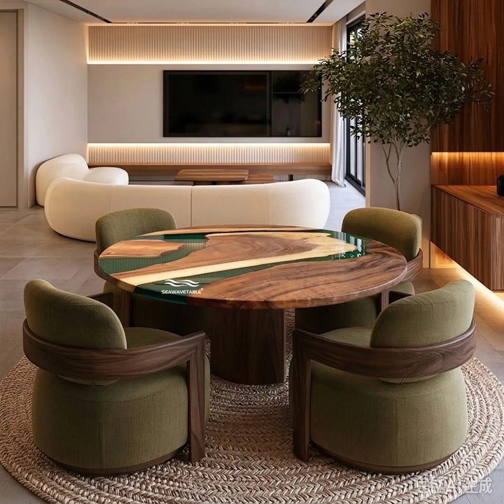 Seawavetable- small round green resin river coffee table solid walnut slab