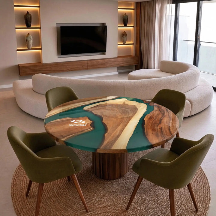 Seawavetable- large walnut circular epoxy coffee table lagoon green resin