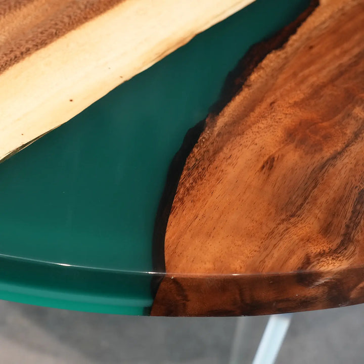 Seawavetable- handmade circular walnut emerald epoxy coffee table