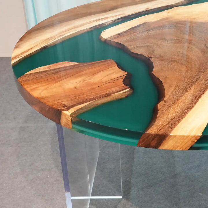 Seawavetable- minimalist round epoxy river coffee table walnut green resin